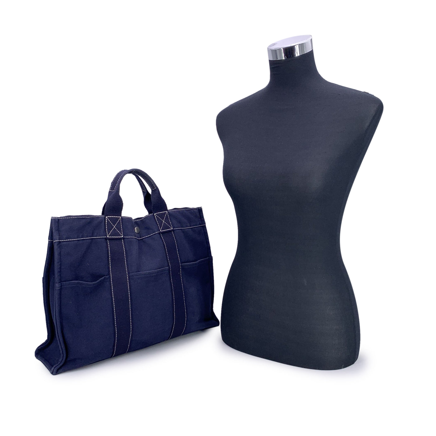 Hermes Paris Vintage Blue Canvas Cotton Fourre Tout MM Bag Tote