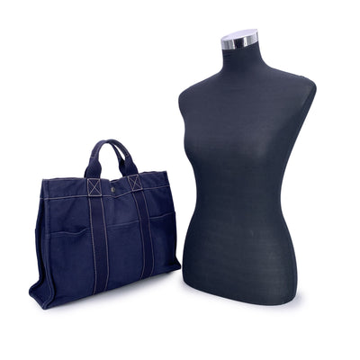 Hermes Paris Vintage Blue Canvas Cotton Fourre Tout MM Bag Tote