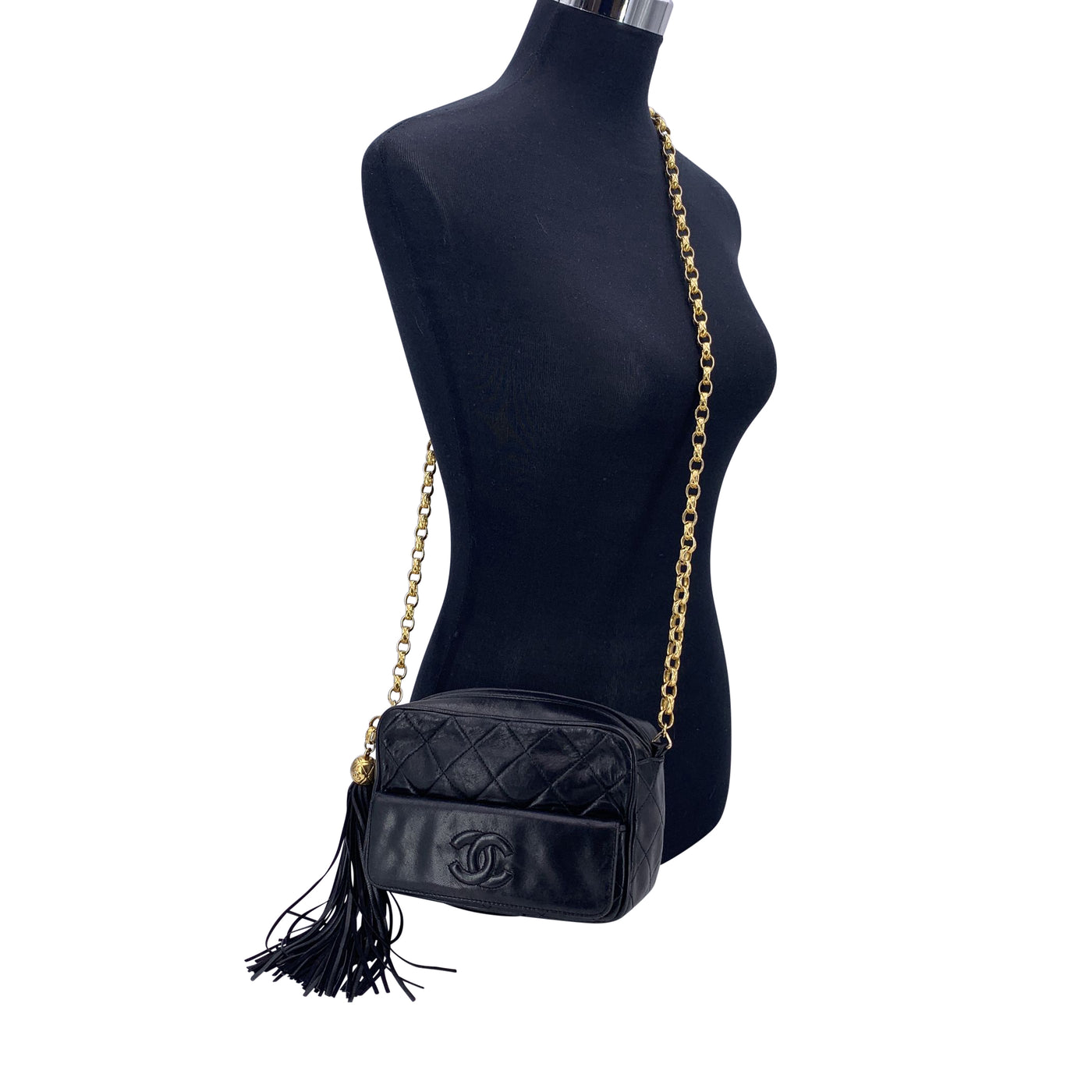 Chanel Vintage Black Quilted Leather Camera Tassel Crossbody Bag