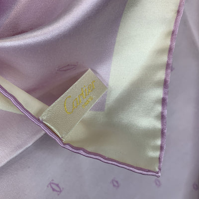 Cartier Vintage Lilac Yellow Logos and Leopard Silk Small Scarf