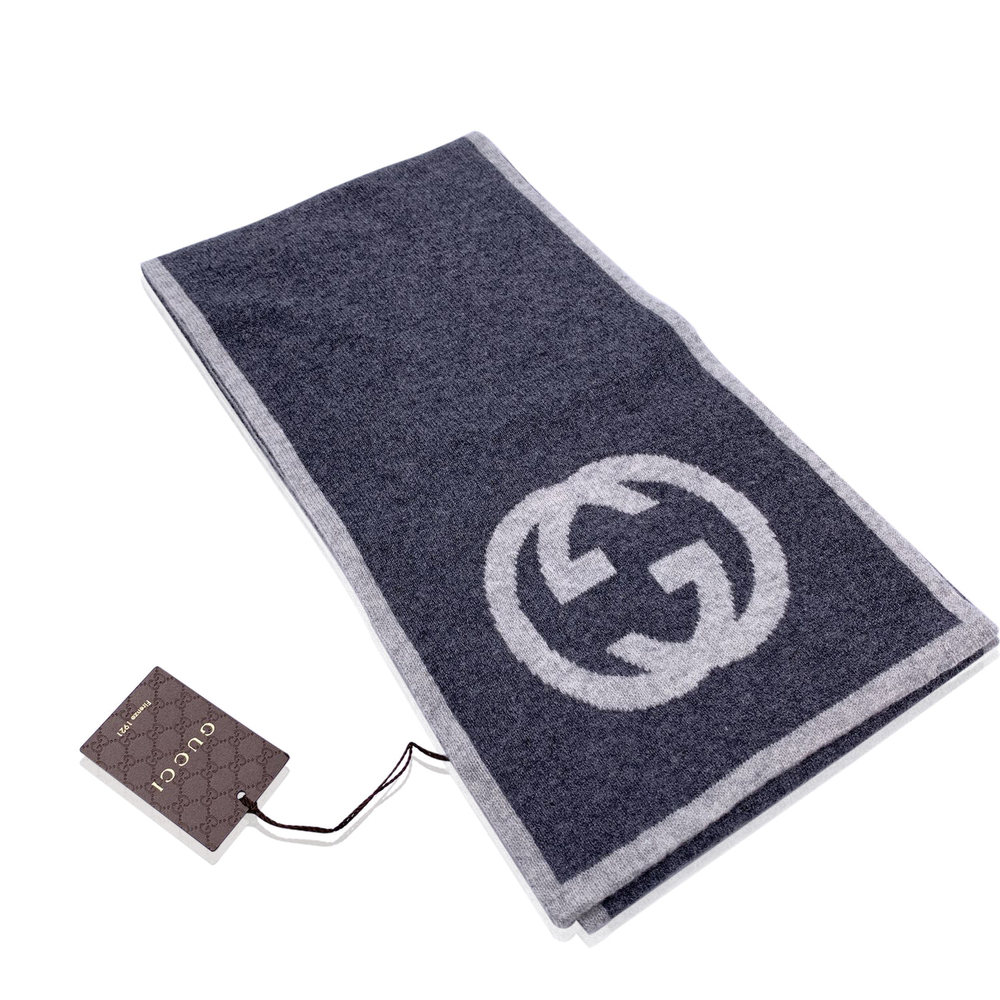 Gucci Grey Cashmere Unisex GG Logo Scarf 23 x 180 cm