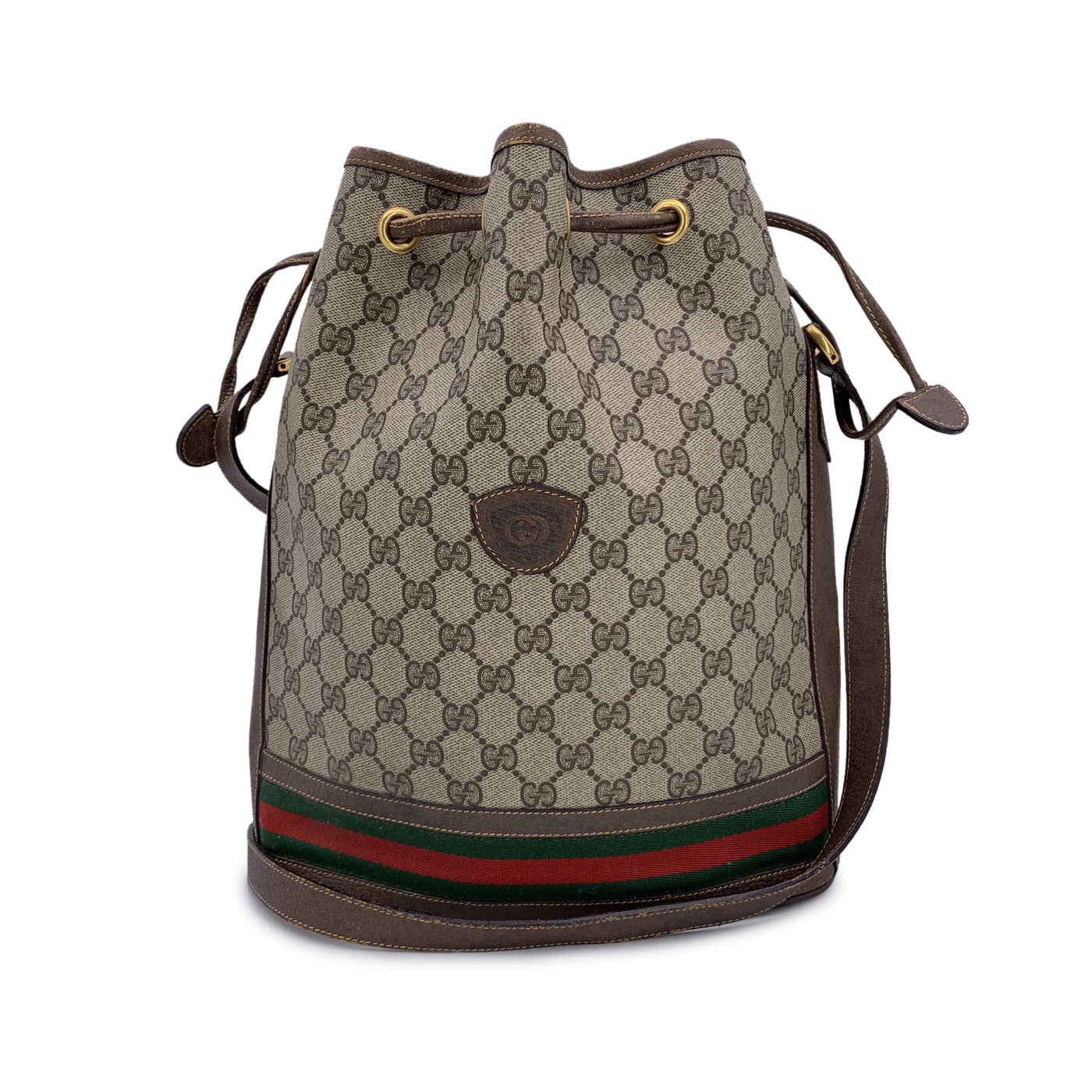 Gucci Vintage Beige Monogram Web Drawstring Bucket Bag