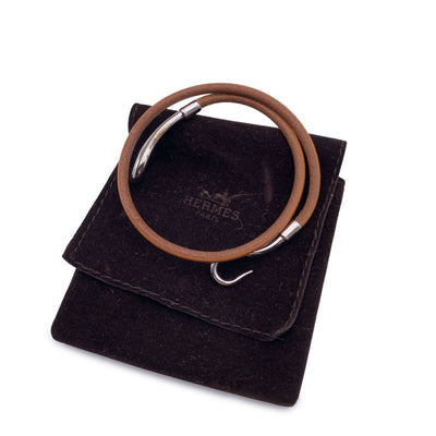 Hermes Tan Leather Double Tour Silver Metal Jumbo Hook Bracelet