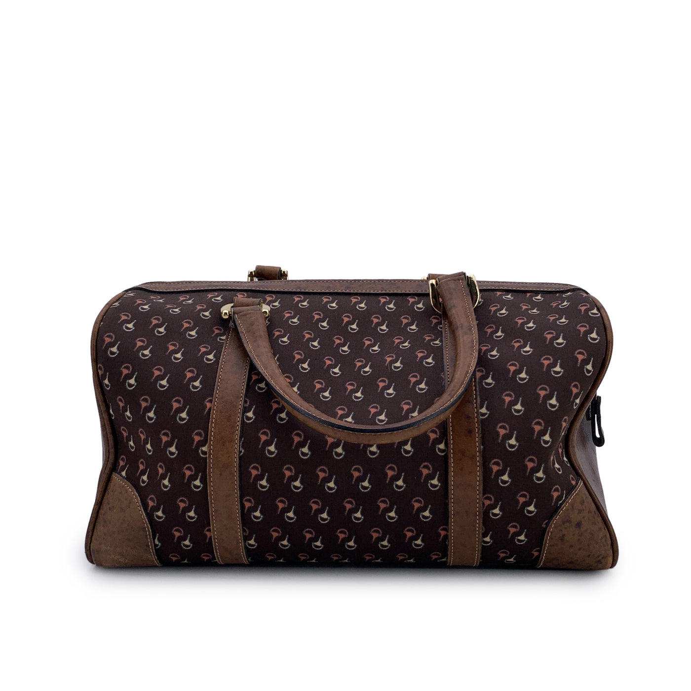 Gucci Vintage Brown Horsebit Canvas and Leather Boston Bag