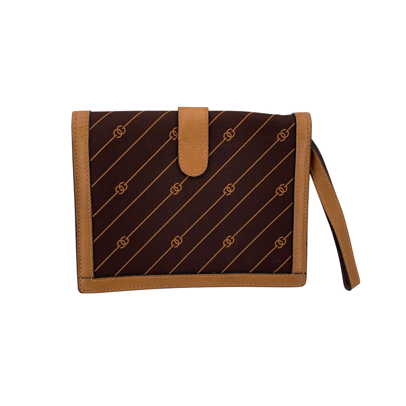 Gucci Vintage Brown Logo Canvas GG Tan Leather Wrist Bag