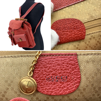 Gucci Vintage Red Suede and Leather Bamboo Backpack Shoulder Bag