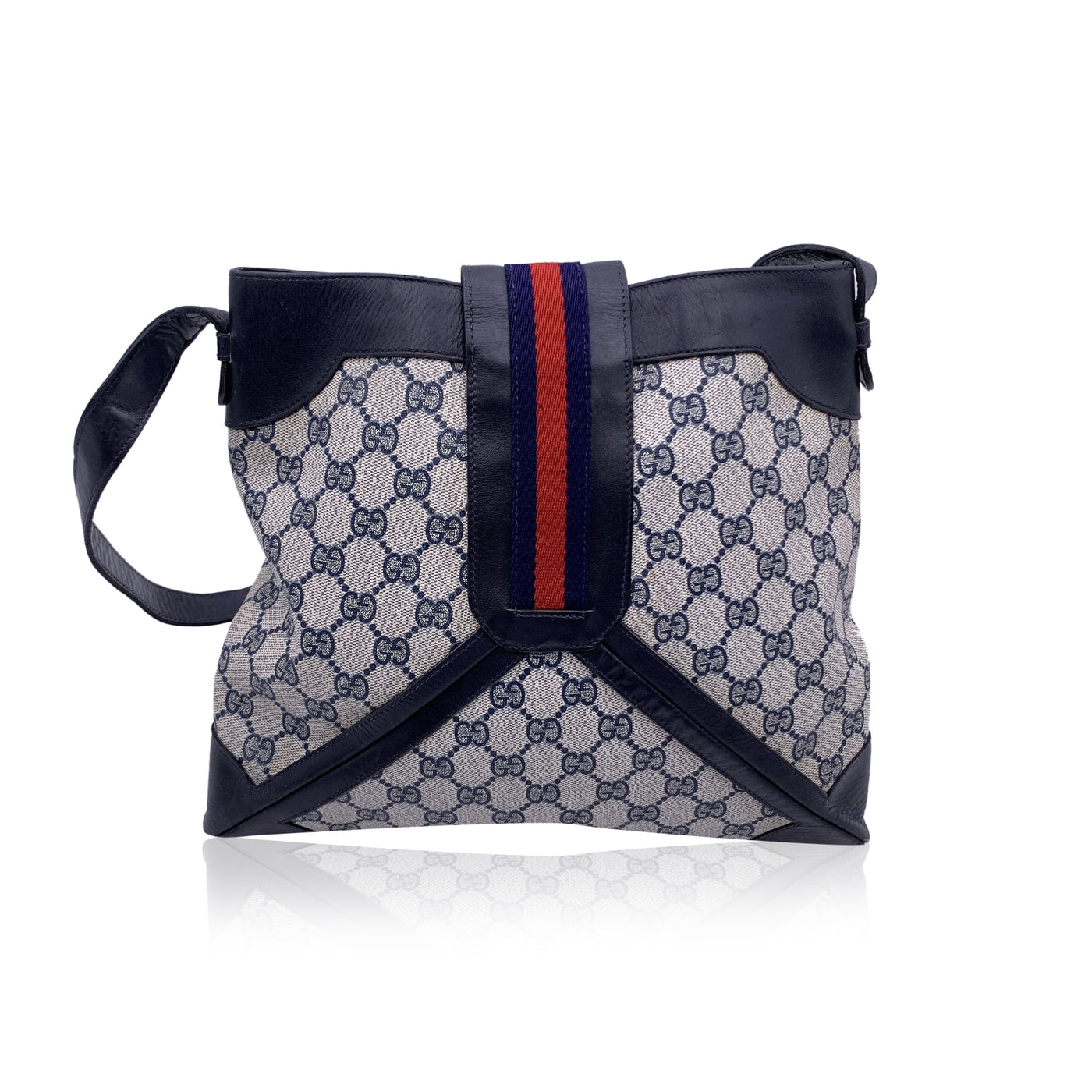 Gucci Vintage Blue Monogram Canvas Shoulder Bag with Stripes