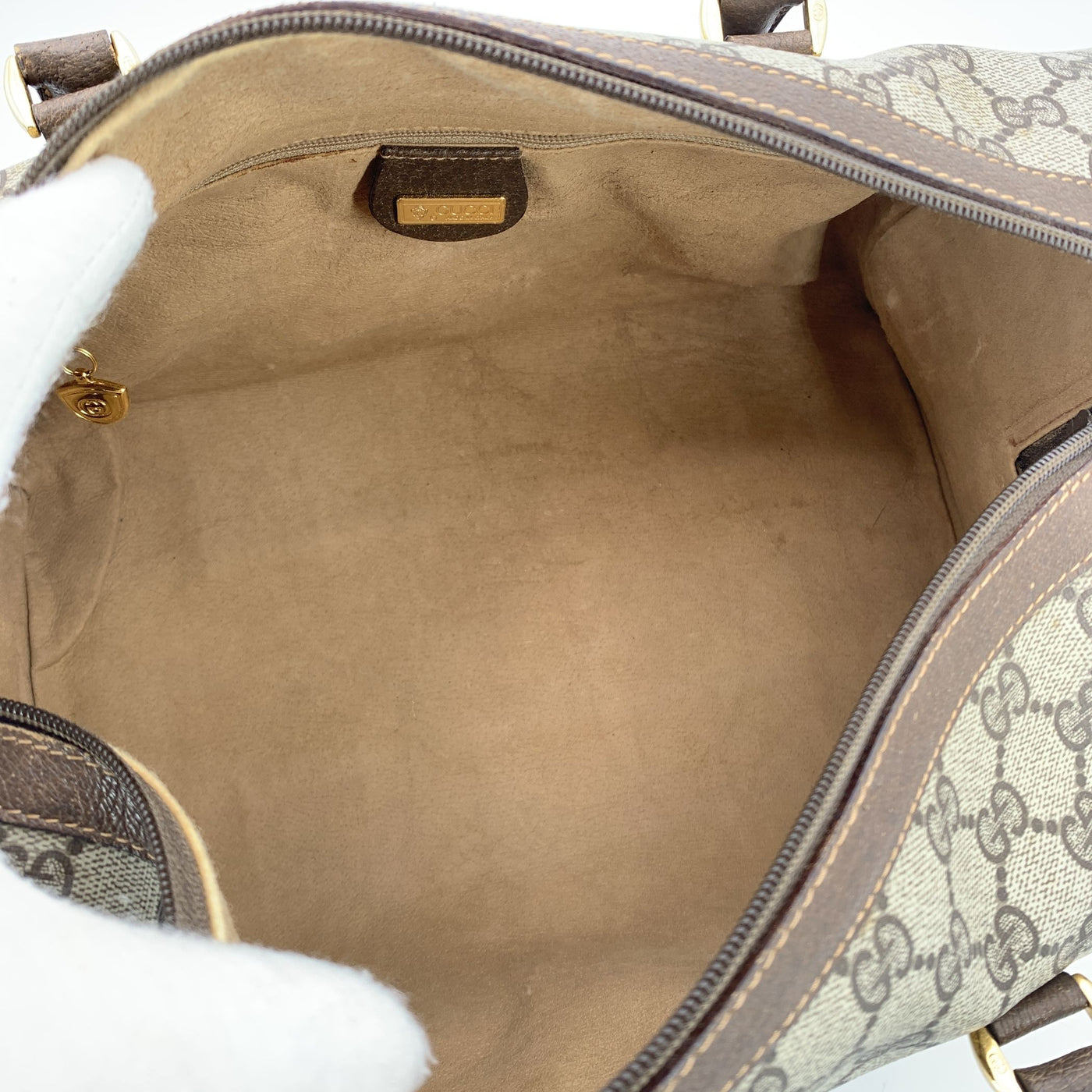 Gucci Vintage Beige Monogram Canvas Leather GG Logo Boston Bag