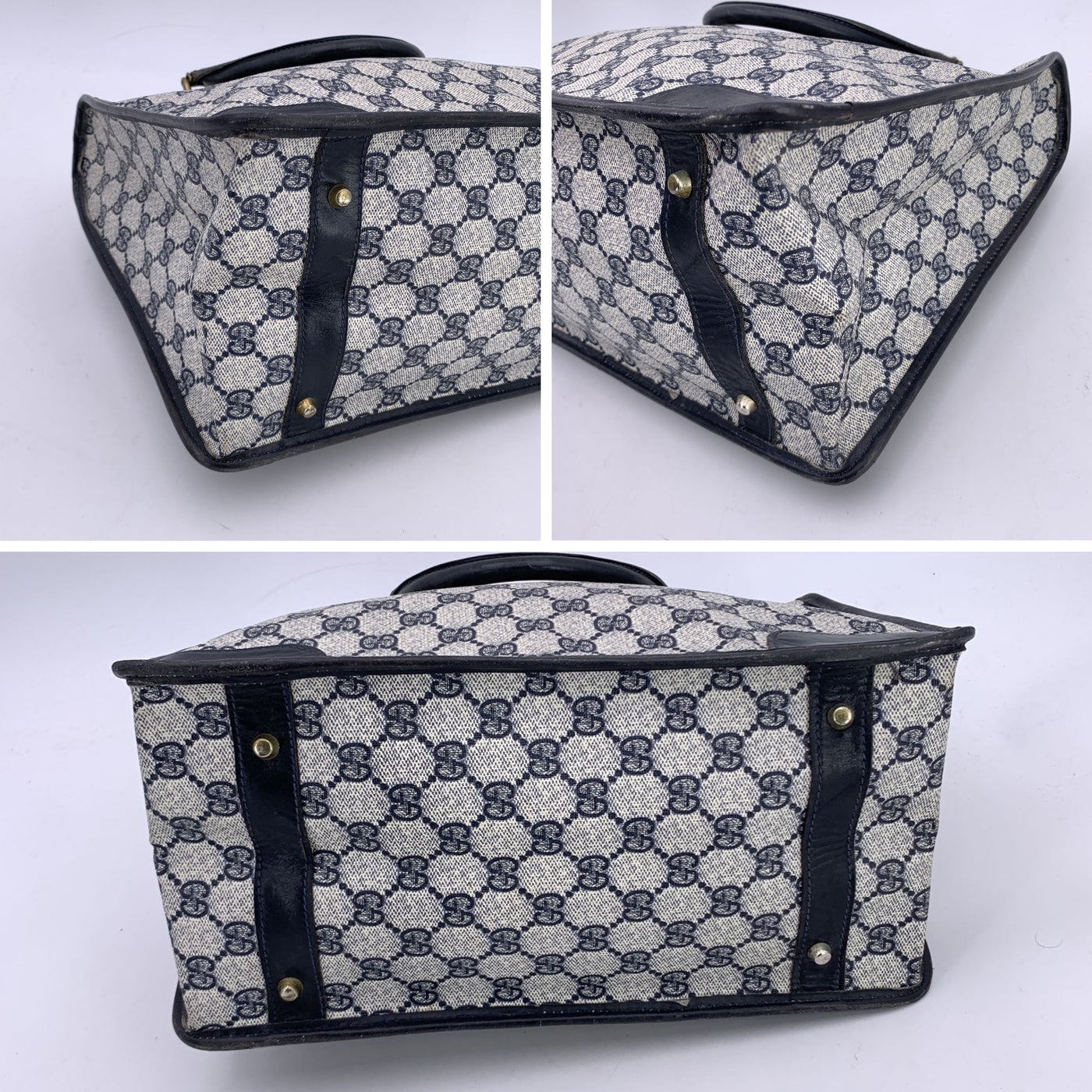 Gucci Vintage Blue Monogram Canvas Satchel Bag with Stripes