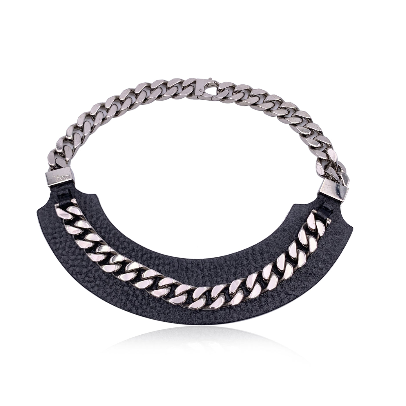 Fendi Black Leather Collar and Silver Metal Cuban Chain Necklace