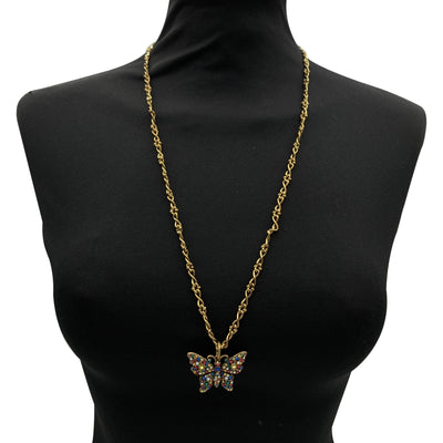 Gucci Aged Gold Metal Multicolor Crystal Butterfly Necklace