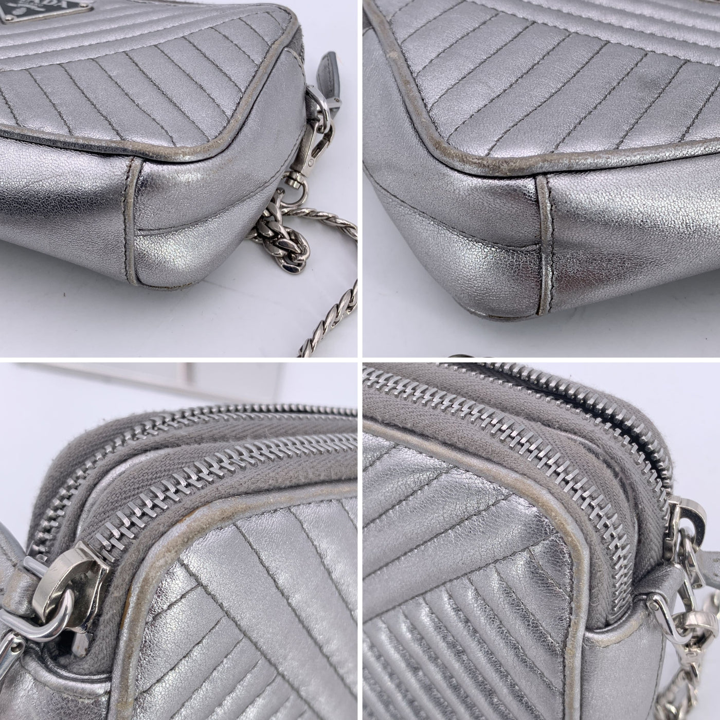 Prada Silver Metal Quilted Leather Diagramme Wallet on Chain Bag