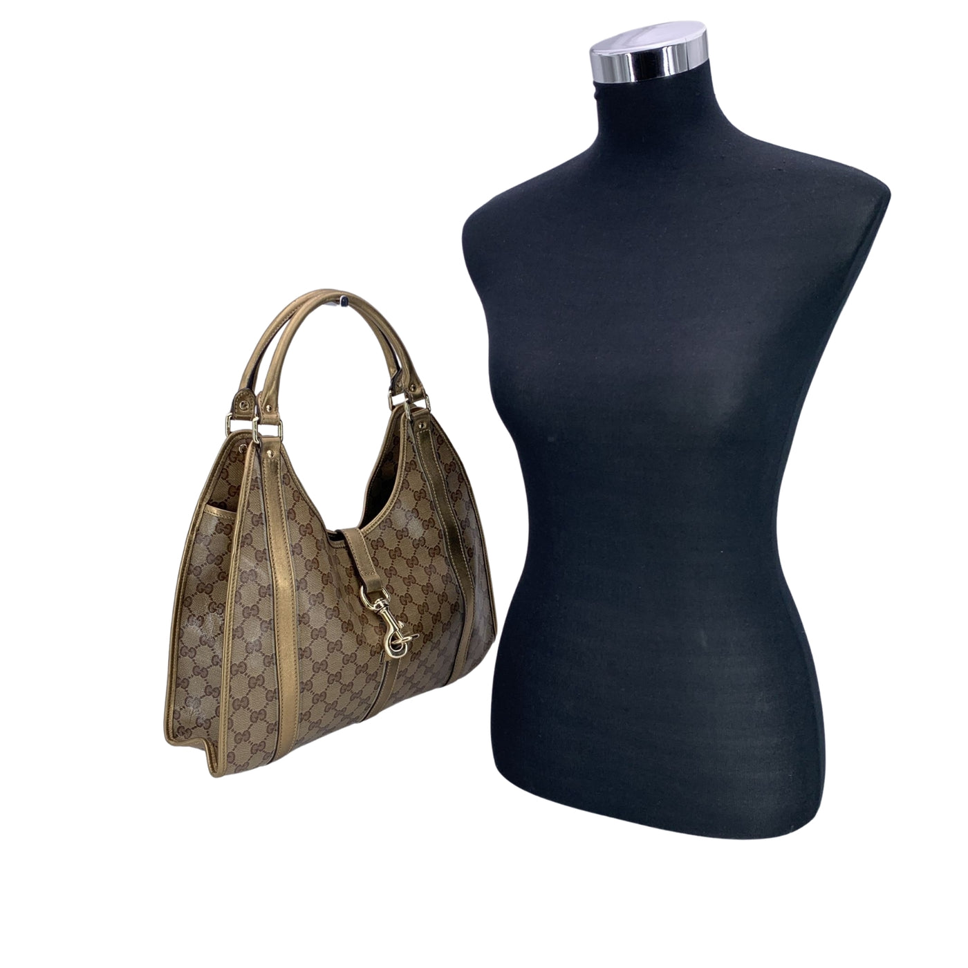 Gucci Gold Crystal GG Canvas Pushlock Bardot Hobo Bag