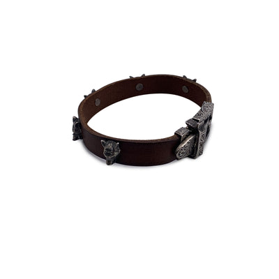 Gucci Brown Leather and Silver Bracelet Wolf Heads Studs Size 18