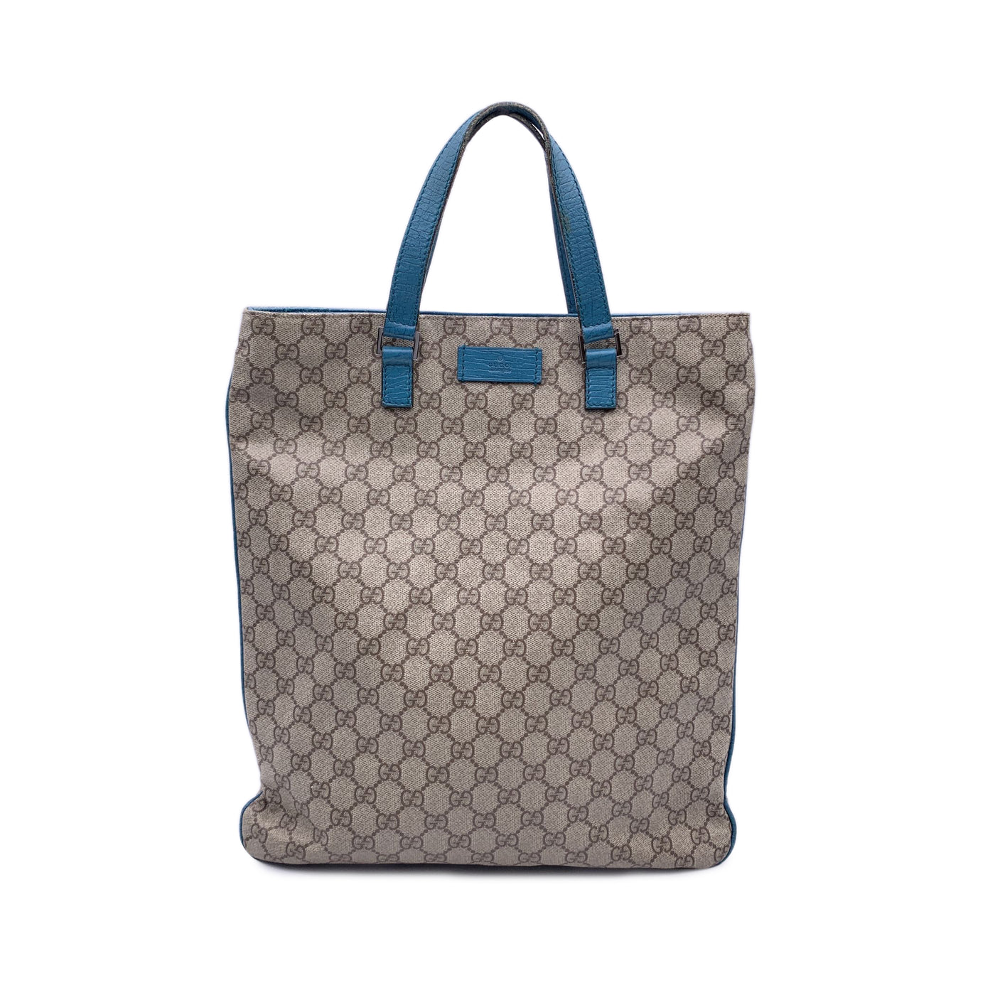 Gucci Beige GG Monogram Canvas Tote Shopping Bag Teal Leather