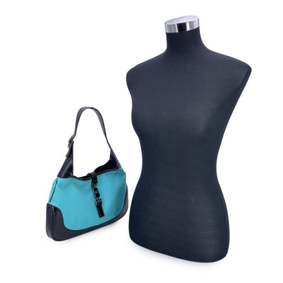 Gucci Turquoise Canvas Black Leather Jackie Hobo Bag Handbag