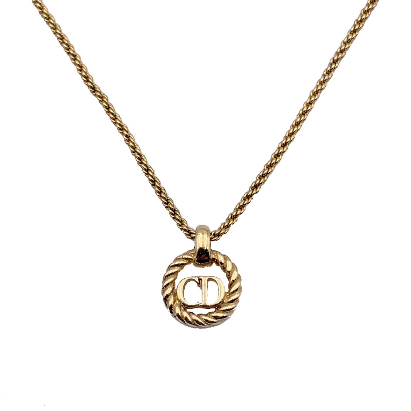 Christian Dior Gold Metal Small CD Logo Round Pendant Chain Necklace