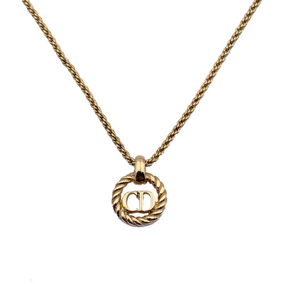 Christian Dior Gold Metal Round CD Logo Pendant Chain Necklace