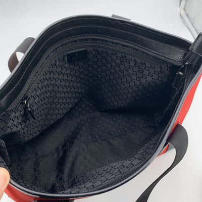 Gucci Red Canvas Nylon Black Leather Tote Shoulder Bag