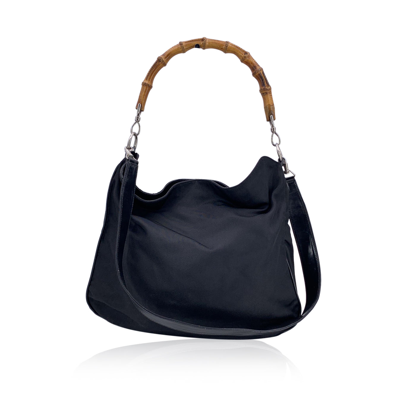 Gucci Vintage Black Nylon Hobo Shoulder Bag Tote Bamboo Handle