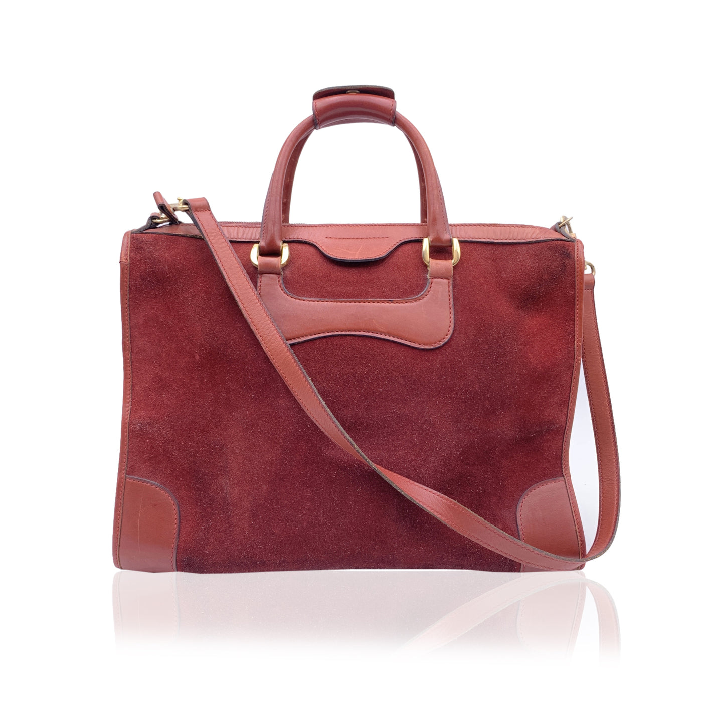 Gucci Vintage Burgundy Suede and Leather Satchel Tote with Strap