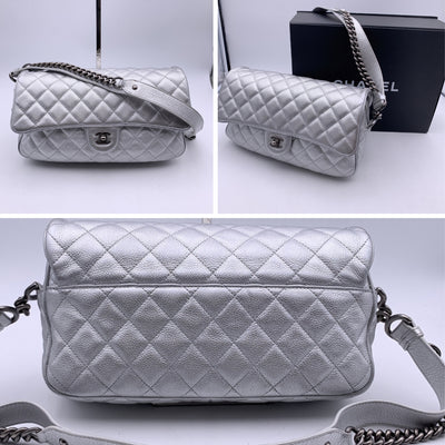 Chanel 2016 Silver Quilted Leather Airline Easy Flap Shoulder Bag