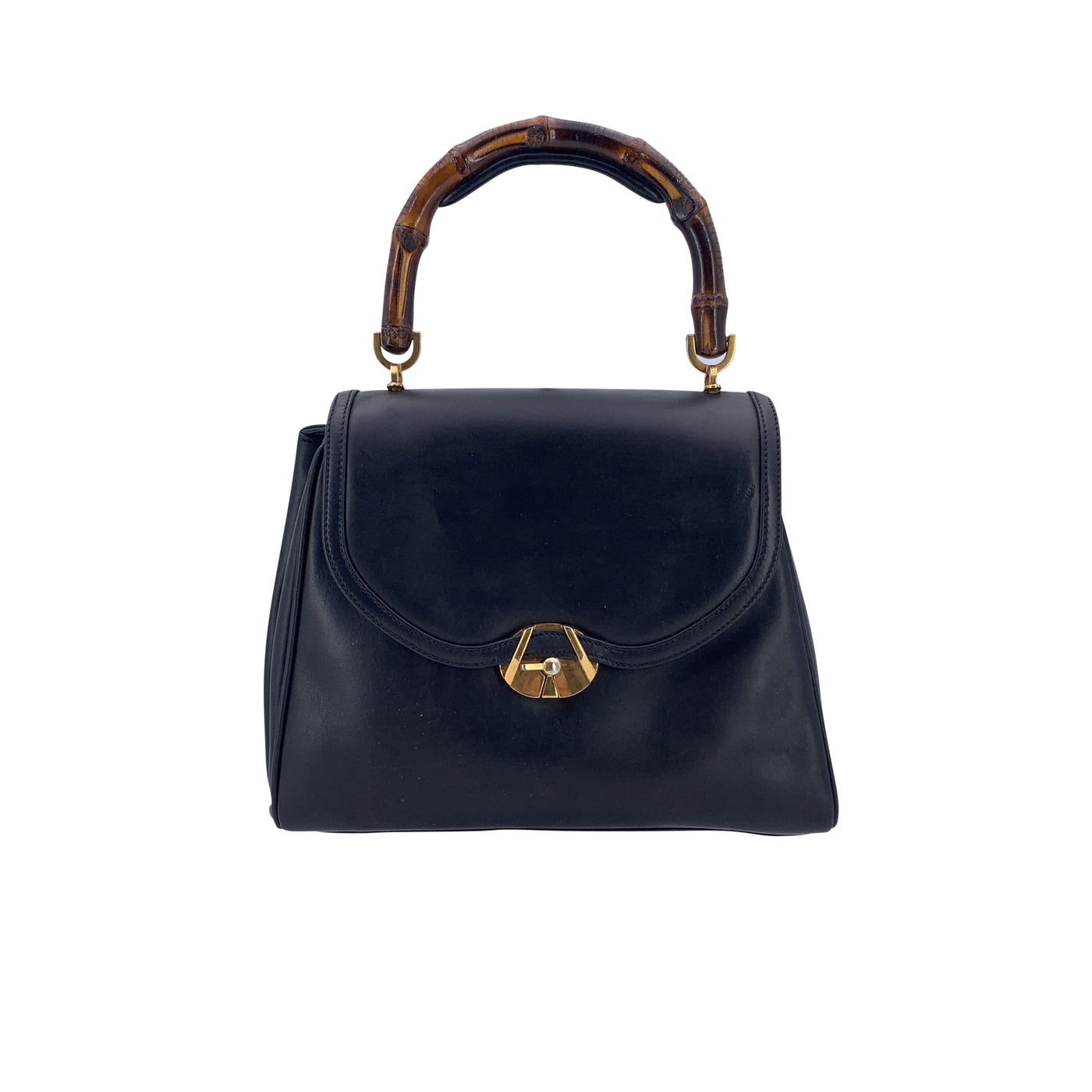 Gucci Rare Vintage Black Leather Bamboo Top Handle Bag Handbag