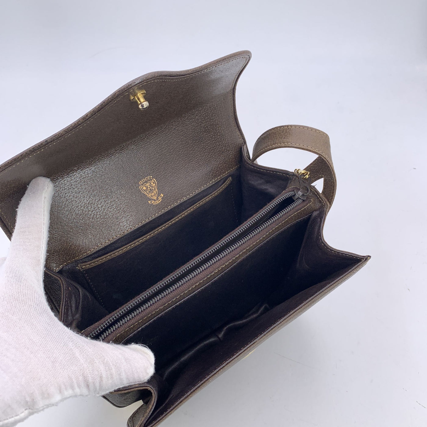 Gucci Vintage Brown Leather GG Logo Flap Shoulder Bag