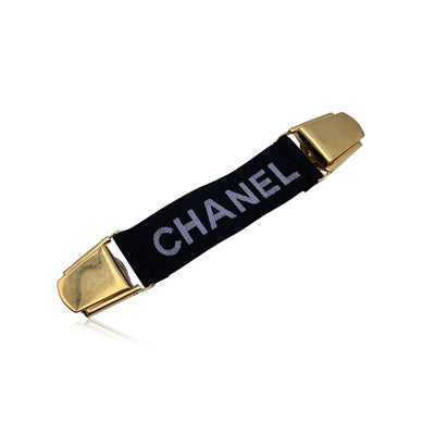 Chanel Black Elastic Logo Suspenders Cincher Gold Metal Clip