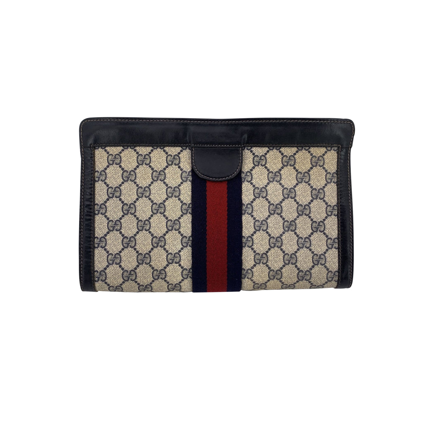 Gucci Vintage Blue Monogram Cosmetic Bag Large Clutch with Stripes