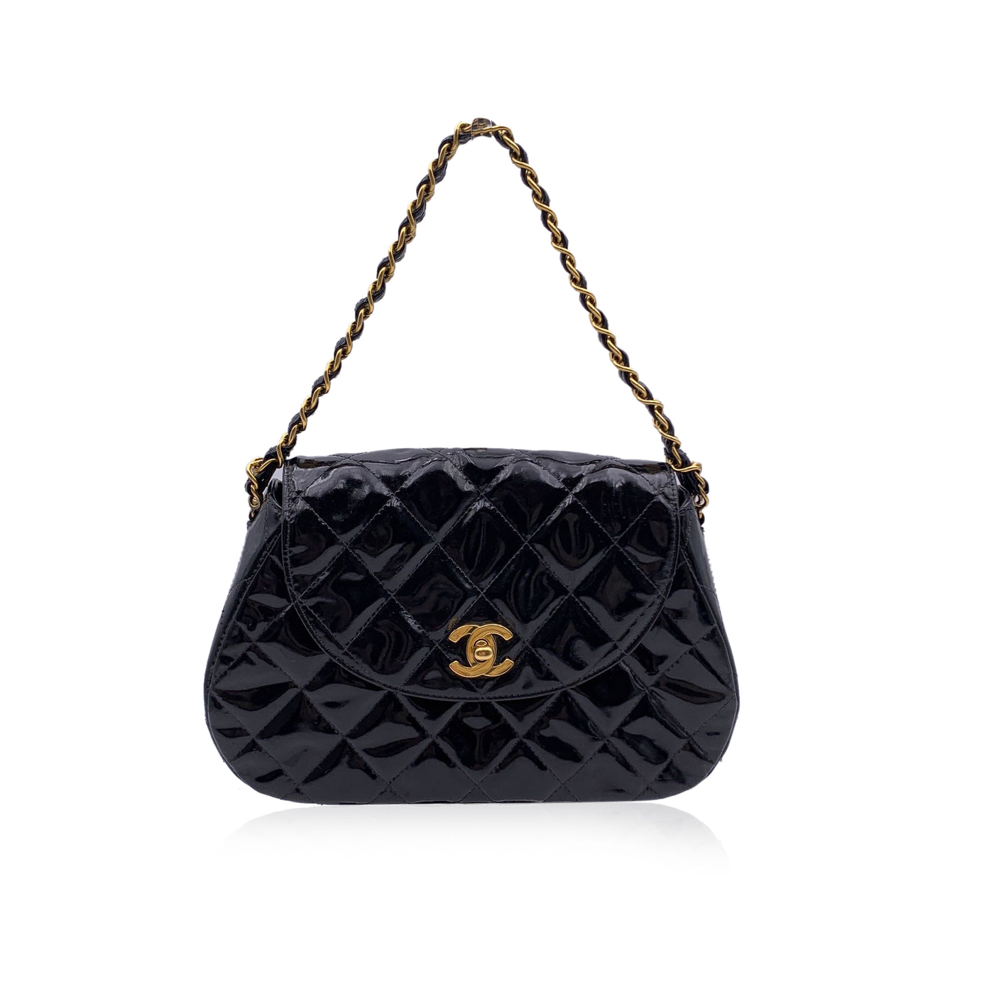 Chanel Vintage Black Quilted Patent Leather Chain Handle Bag