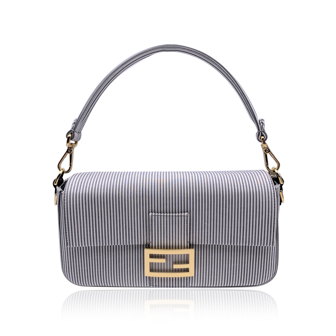 Fendi Light Grey Striped Cotton Bretagna Baguette Shoulder Bag