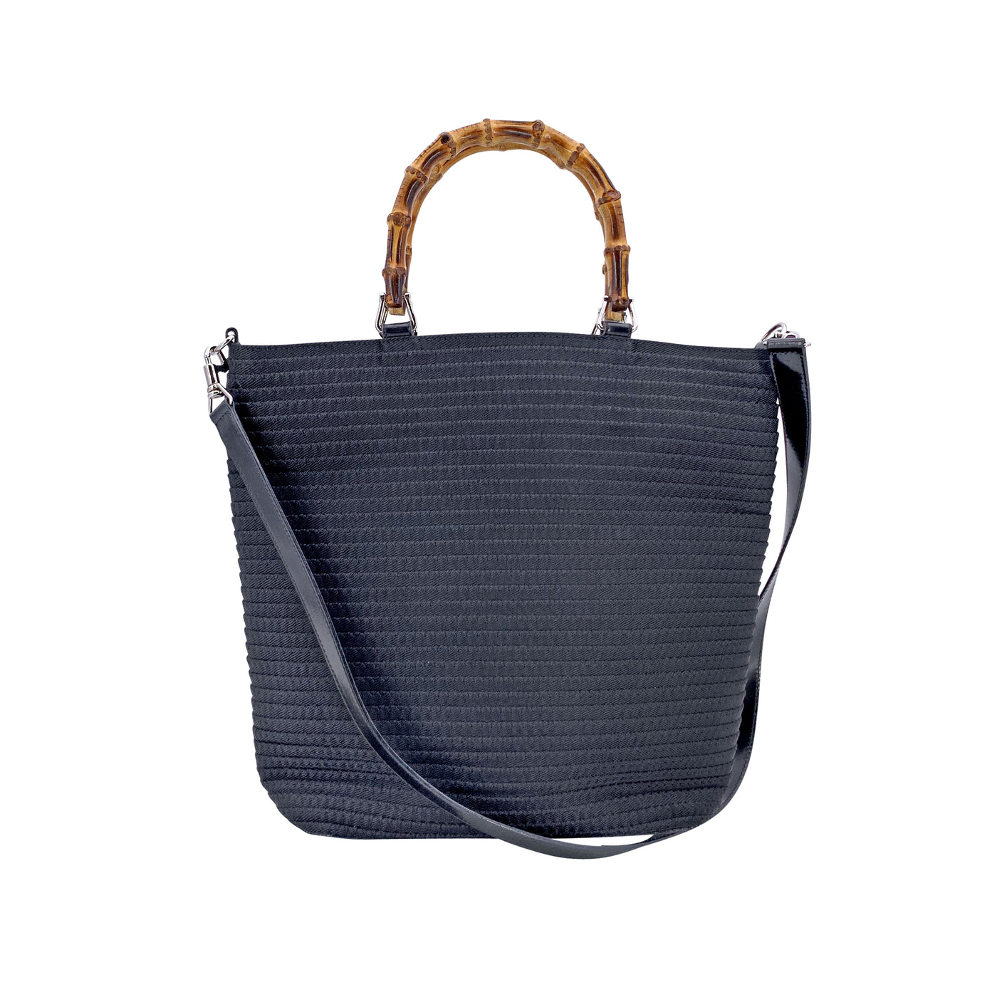 Gucci Vintage Black Stitching Canvas Bamboo 2 Way Tote Bag