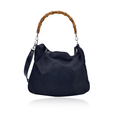 Gucci Vintage Black Nylon Hobo Shoulder Bag Tote Bamboo Handle