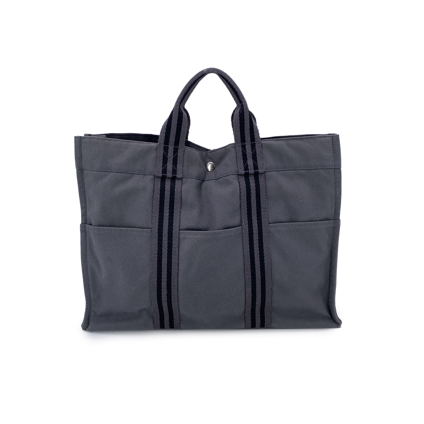 Hermes Paris Grey and Black Stripes Cotton Fourre Tout MM Tote Bag