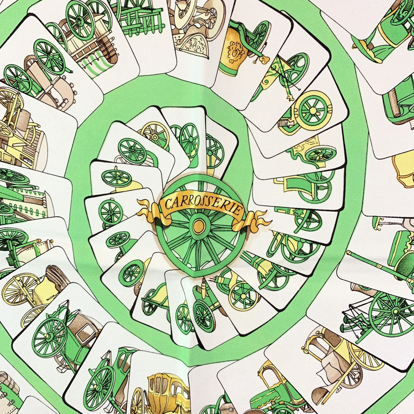 Hermes Vintage White Green Silk Scarf Carrosserie1975 Ledoux