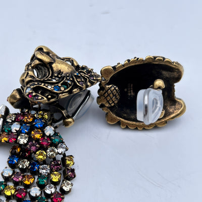 Gucci Lion Head Multicolor Crystals Asymmetric Cascade Earrings