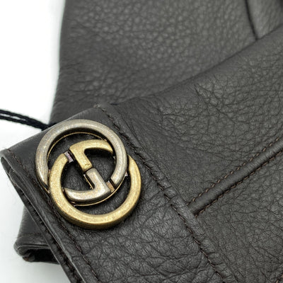 Gucci Brown Leather Unisex GG Logo Gloves Cahsmere Lining Size 9 L