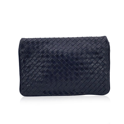 Bottega Veneta Vintage Navy Blue Intrecciato Woven Leather Clutch Bag