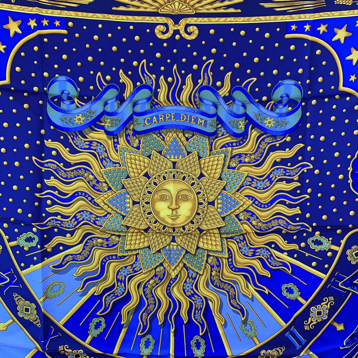 Hermes Vintage Blue Silk Scarf Carpe Diem 1994 Joachim Metz