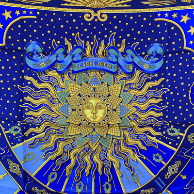 Hermes Vintage Blue Silk Scarf Carpe Diem 1994 Joachim Metz