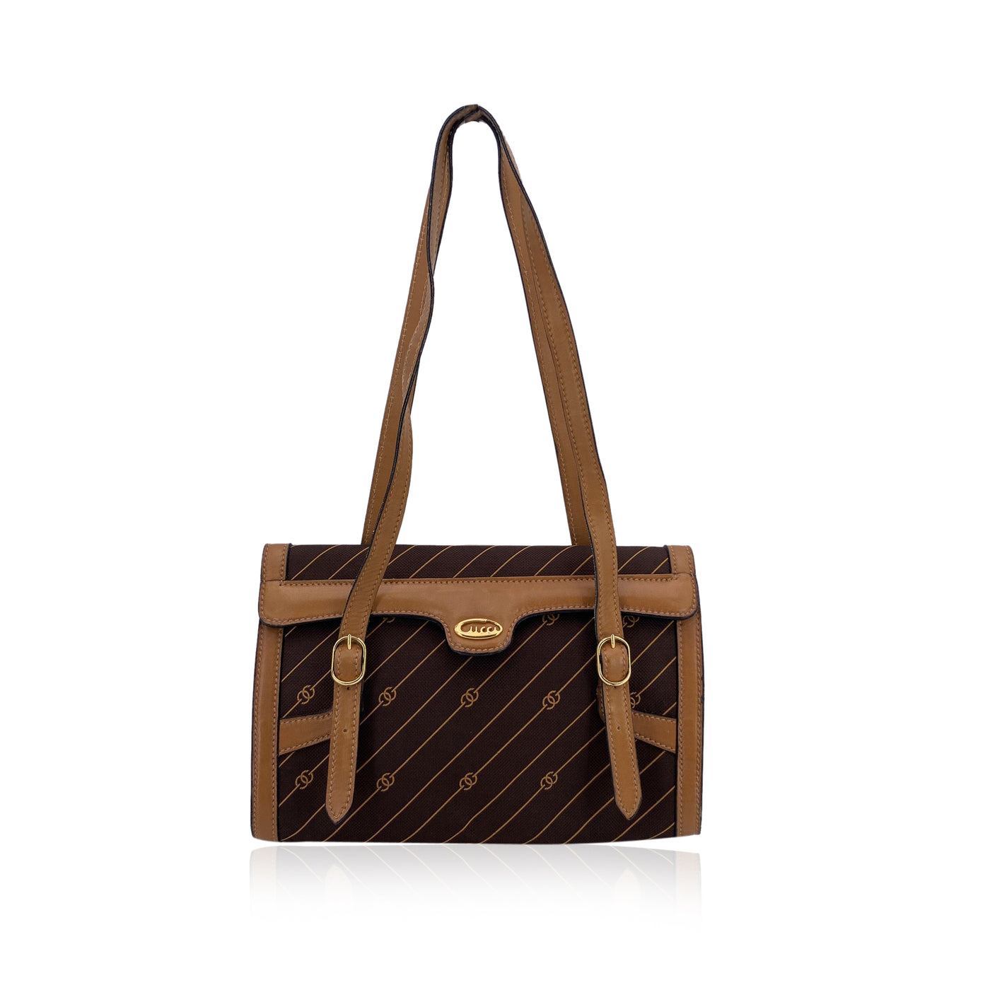 Gucci Vintage Brown Logo Canvas GG Tan Leather Shoulder Bag