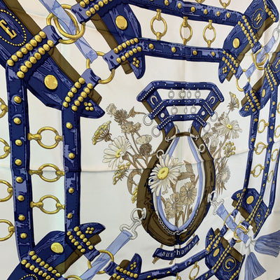 Hermes Paris Vintage Blue Silk Scarf Aux Champs 1970 Cathy Latham