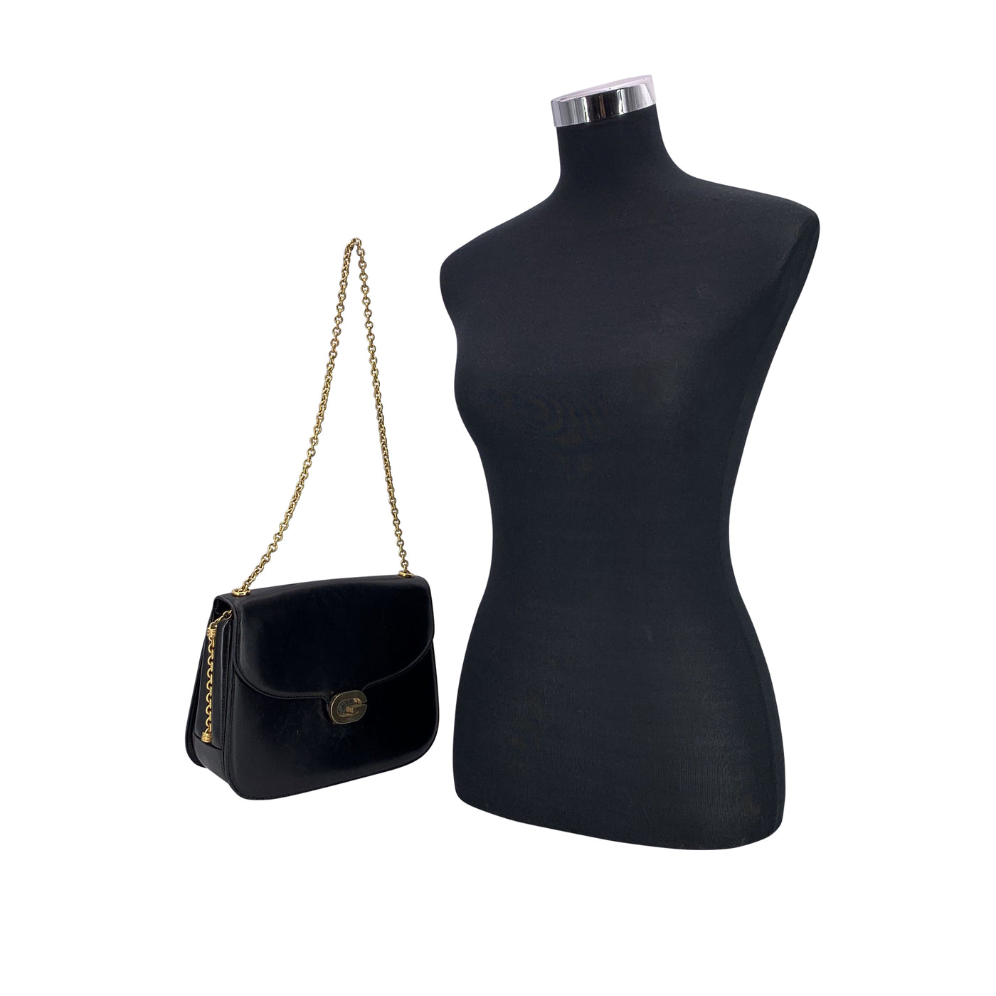 Gucci Vintage Black Leather Box Flap Shoulder Bag with Chain Strap