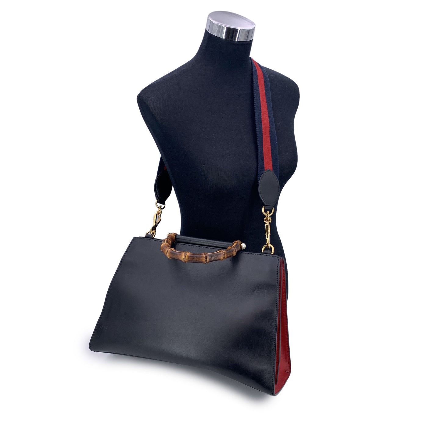 Gucci Black Leather Nymphaea Tote Bag Bamboo Handle with Strap