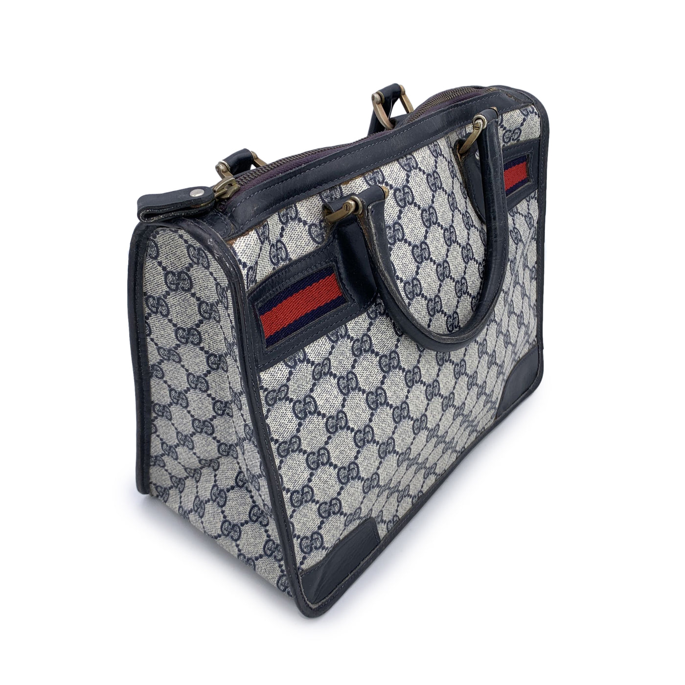 Gucci Vintage Blue Monogram Canvas Satchel Bag with Stripes
