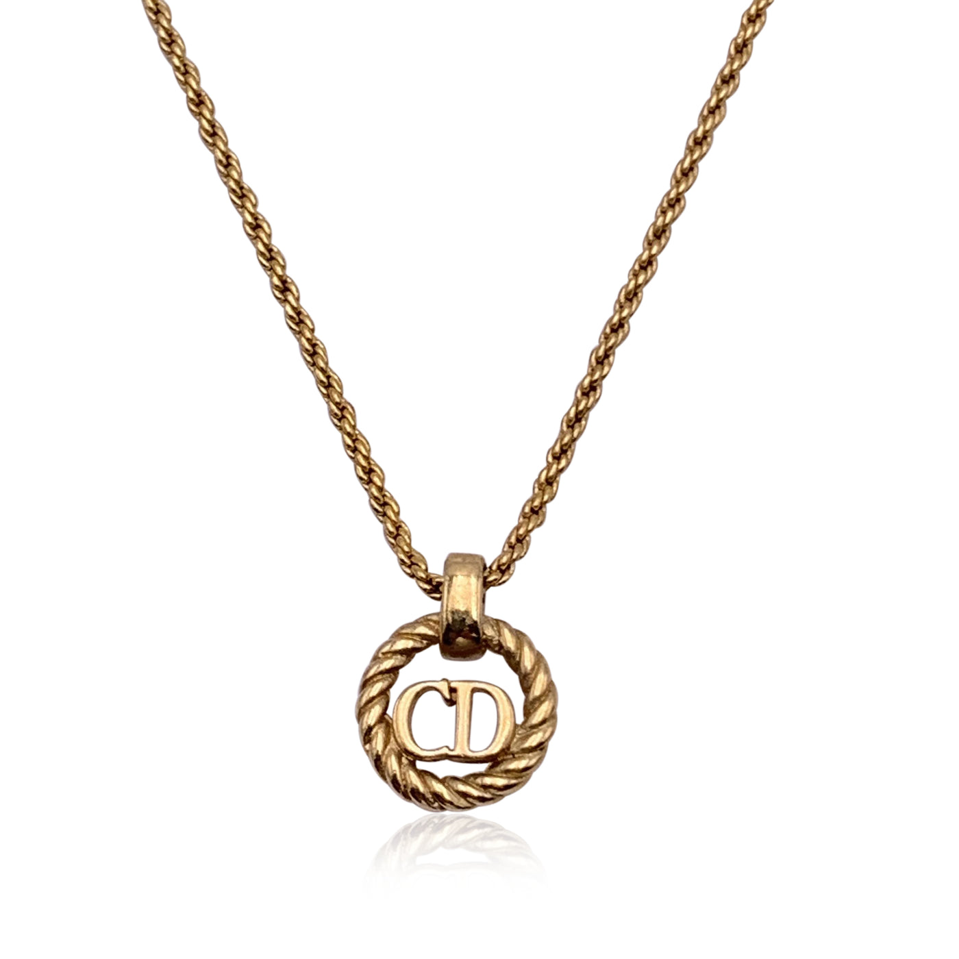 Christian Dior Gold Metal Small CD Logo Round Pendant Chain Necklace