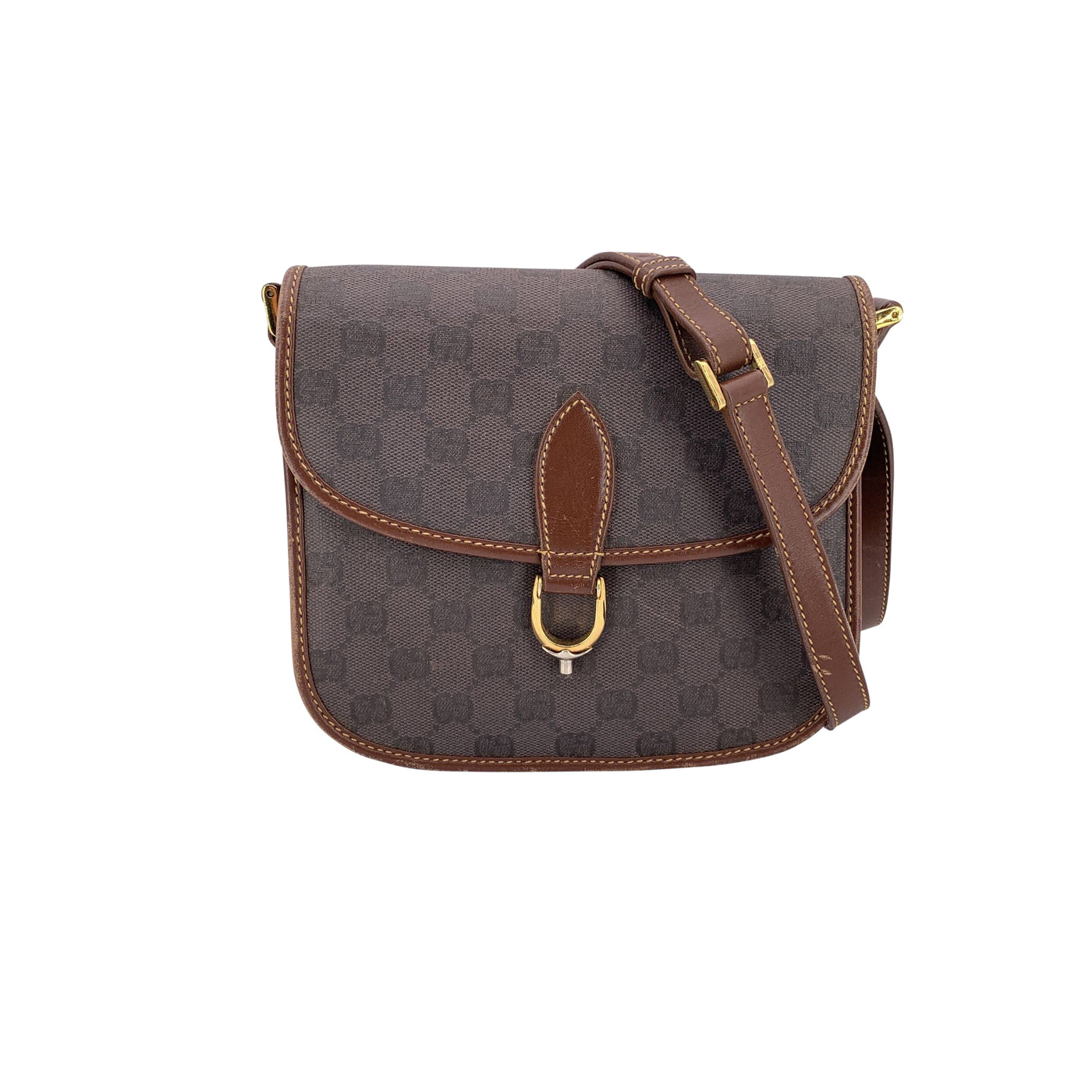 Gucci Vintage Brown Monogram Canvas and Leather Spur Shoulder Bag