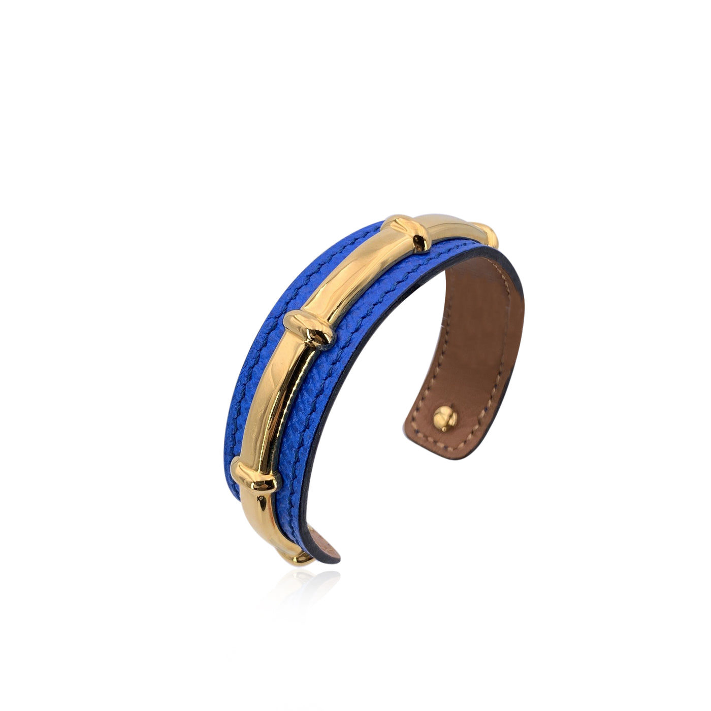 Hermes Blue Leather and Gold Metal Agatha Cuff Bracelet