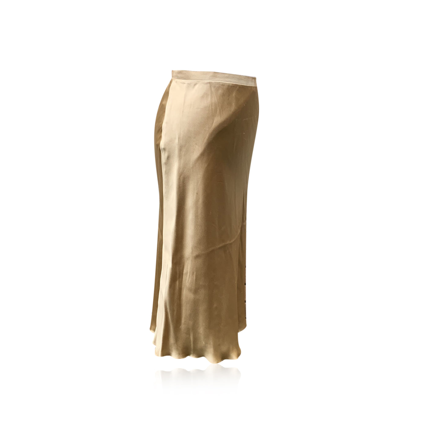 Prada Gold Tone Beige Silk Midi Skirt Flared Bottom Size 42 IT